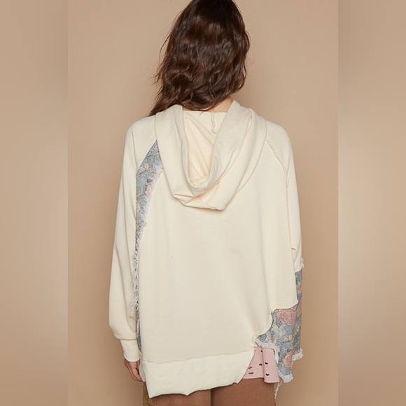 POL Hoodie Floral Contrast Patchwork Top Distressed Raw Exposed Seam Sweatshirt - Picture 3 of 15